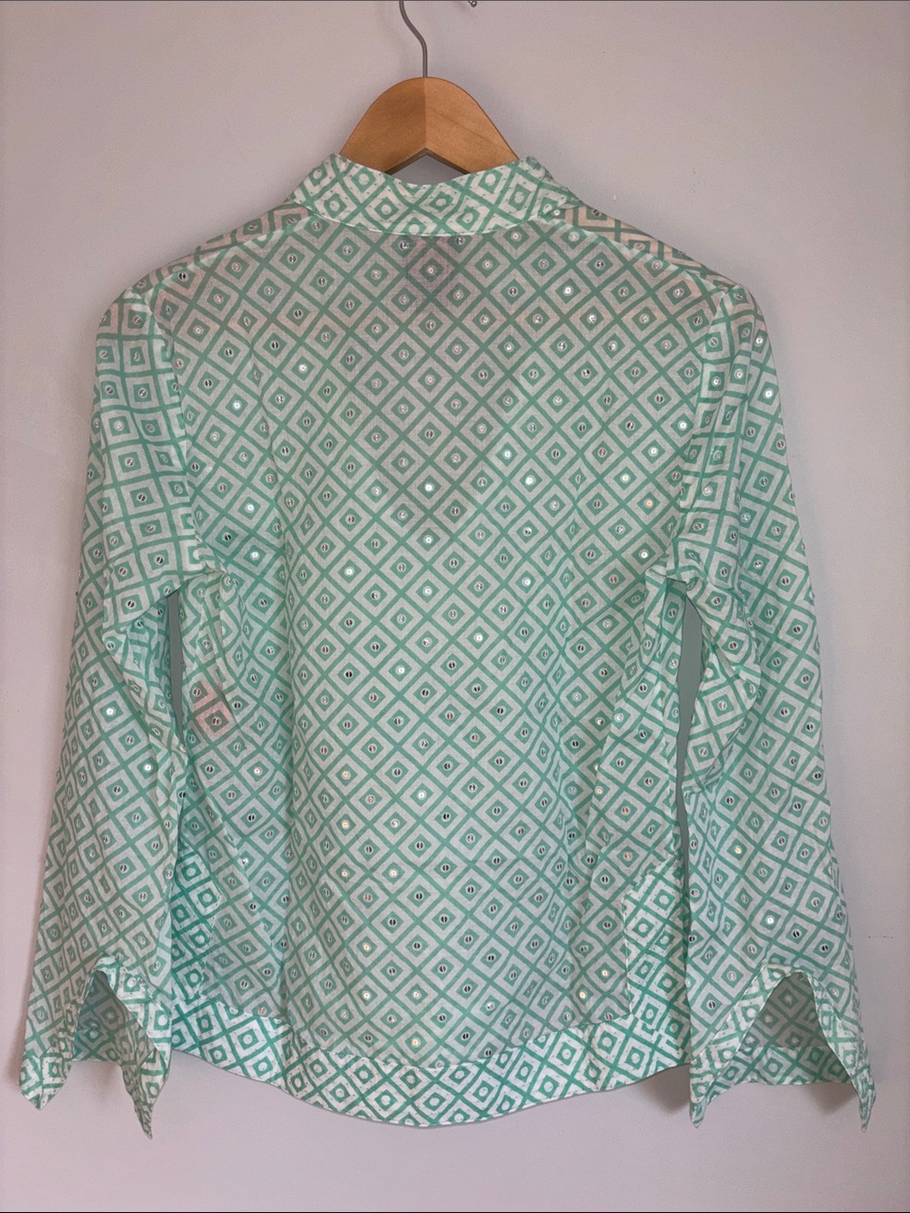 Tory Burch Mint Sequinned Geometric V-Neck Cotton Blouse - Picture 4 of 12